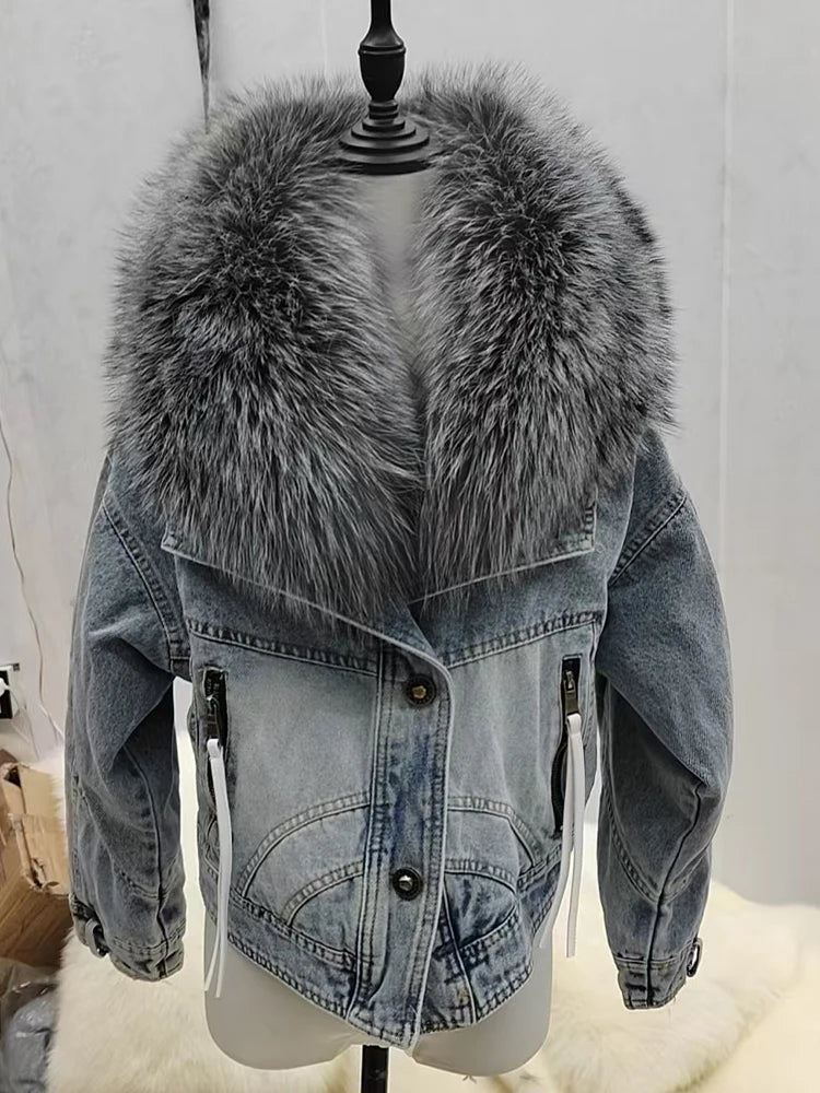 Denim Oversized 100% Real Fox Fur Collar Short Women's Goose Down Puffer Jean Jacket