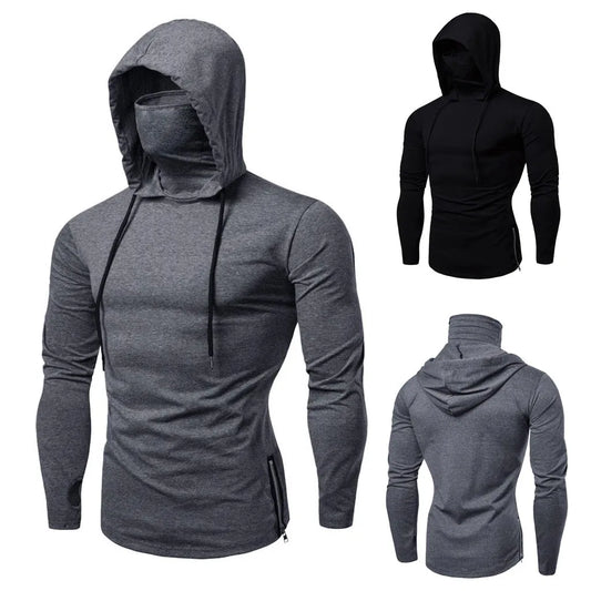 Men's Drawstring Solid Color Gym Workout Thin Long Sleeve Hoodie Sweatshirt w/ Built-In Mask