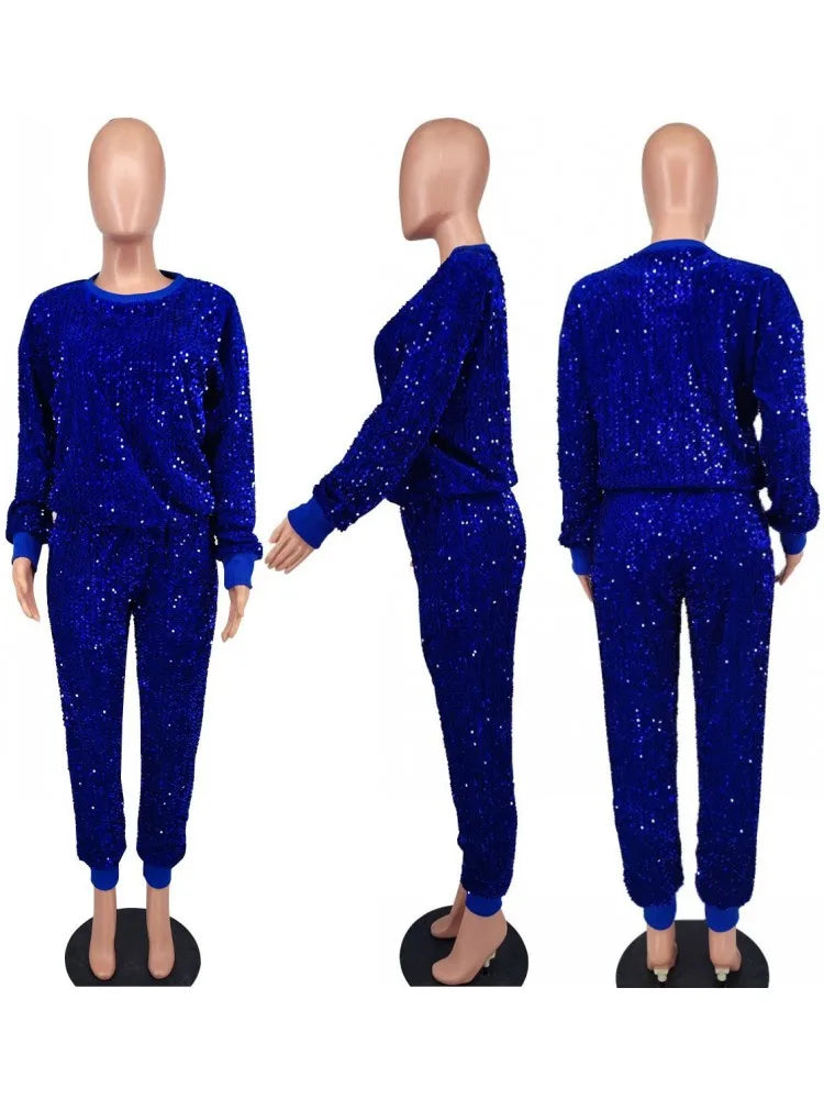 Sparkling Sequined Long Sleeve Top + Matching Elastic Pants 2-Piece Set