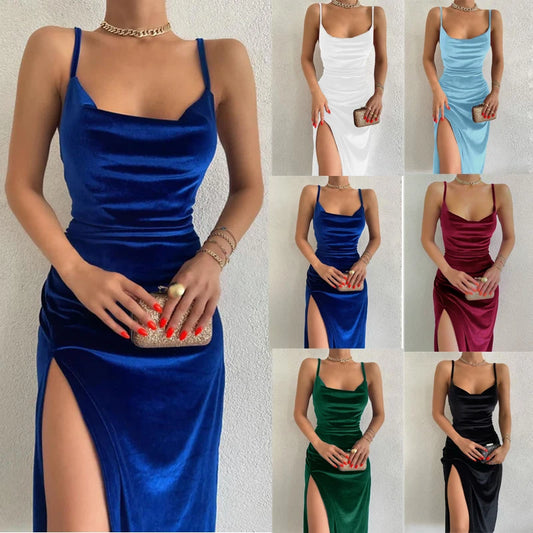 Velvet Solid Halter Tank High Slit Formal Party/Prom Dress