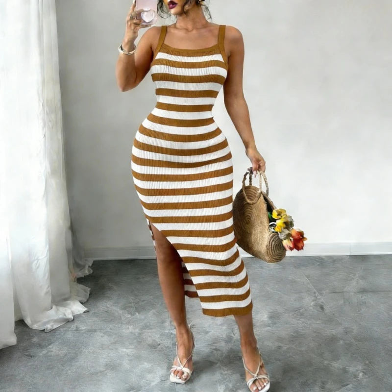 Sleeveless Striped Spaghetti Strap Stretch Knitted Bodycon Maxi Dress