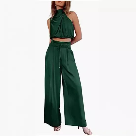 Sleeveless Turtleneck Ruched Crop Top + Bell Bottom Wide Leg Women's Pants 2-Piece Set