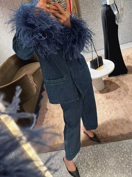 Blue Streetwear Ostrich Feather Cuff Denim Women's Jean Jacket Blazer