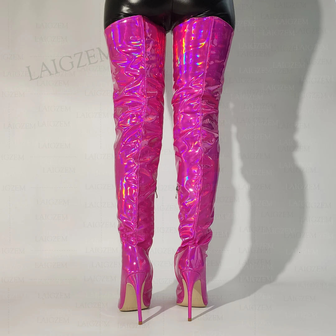 Metallic Solid Women's Holographic Side Zipper Thin High Heel Thigh High Boots