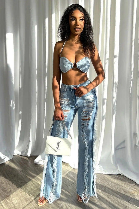 Denim Distressed Washed Tassel Fringe Hollow-Out Ripped Women's Wide Leg High Waist Streetwear Jeans