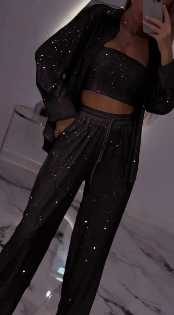 Sparkling Glitter Sequin Women's Fitness Zipper Jacket w/ Matching Tube Top+ Elastic Waist Sweatpants Women's 3-Piece Tracksuit to 3X Plus Size