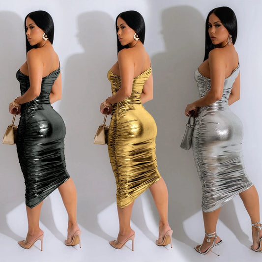 Asymmetrical Sleeveless Faux Leather Ruched Bodycon One Shoulder Skinny Midi Party Dress