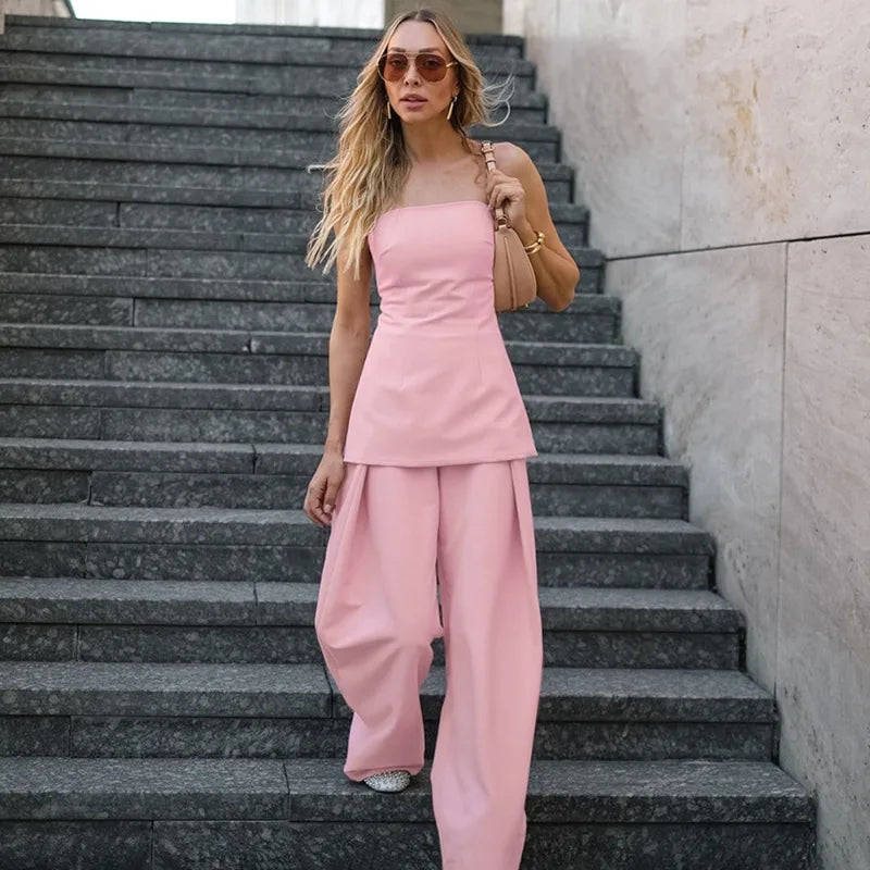 Pink Patchwork Streetwear Sleeveless Tube Top + Baggy Streetwear Pants Women's 2-Piece Set