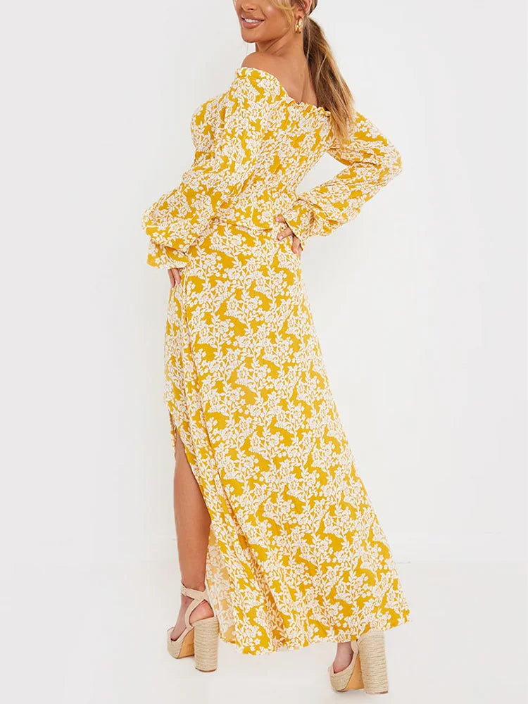 Yellow Ruched Floral Print Long Sleeve Off-the-Shoulder Cropped Blouse + High Slit Maxi Skirt 2-Piece Set