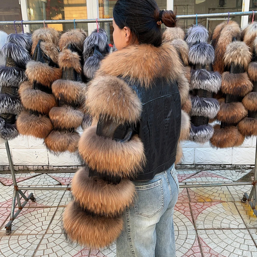 Real Raccoon Fur Hip-Hop Colorblock Design Paneled Women's Streetwear Jacket