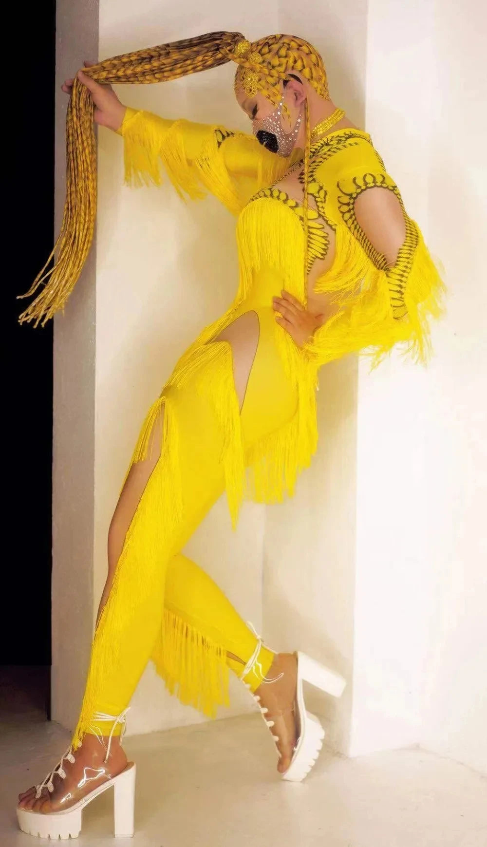 Yellow Long Sleeve Tassel Design Mesh Patchwork Printed Stretch Formal Stage Performance Jumpsuit