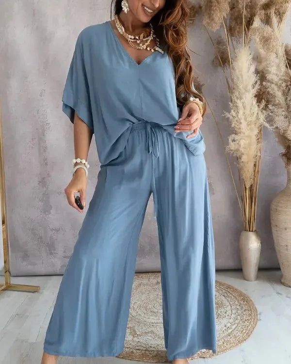 Baroque/Colorblock Striped/Solid Color Women's V-Neck Top + Loose Pants 2-Piece Set