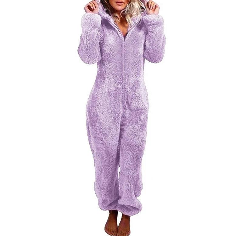 Faux Fur Fleece Women's Onesie Zipper Hoodie Teddy Jumpsuit