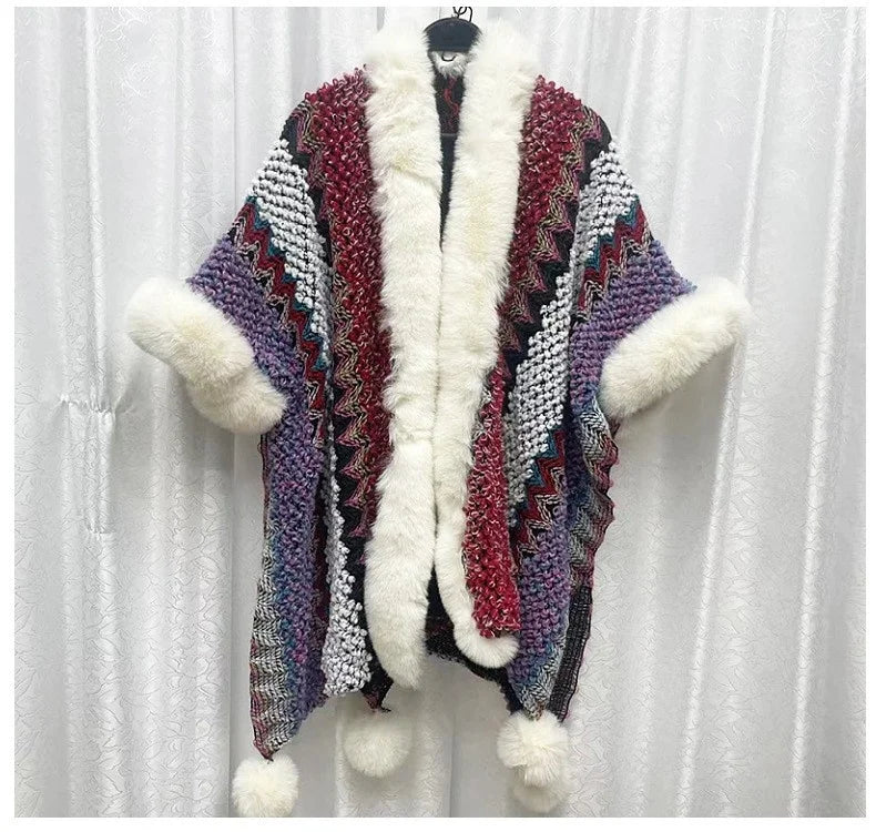 Hooded Fringe Tassel PomPom Decor Geometric Striped Colorblock Cape Cloak Shawl Wrap Scarf Sweater