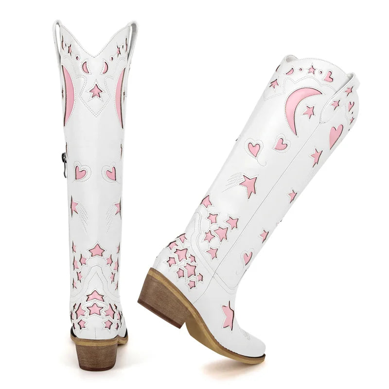 White/Pink Heart Star Moon Embroidered Design Pointed Toe Knee-High Western Side Zipper Cowgirl Rodeo Boots