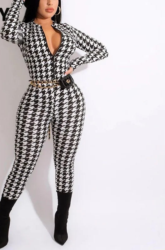 Houndstooth Printed Long Sleeve Zip Up Skinny Fit Jumpsuit