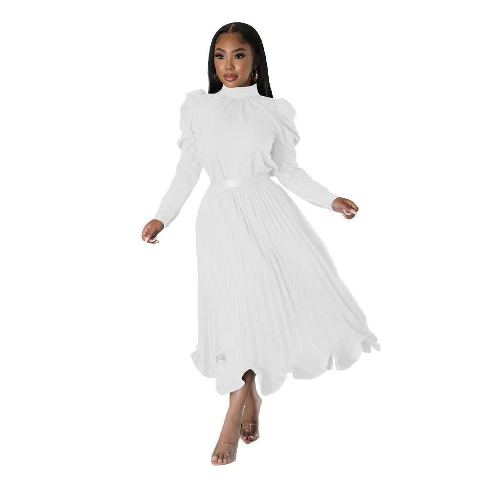 Women’s Solid Color O-Neck Lantern Sleeve Blouse + A-Line Flounce Formal Pleated Maxi Skirt w/ Sash Belt 2-Piece Set