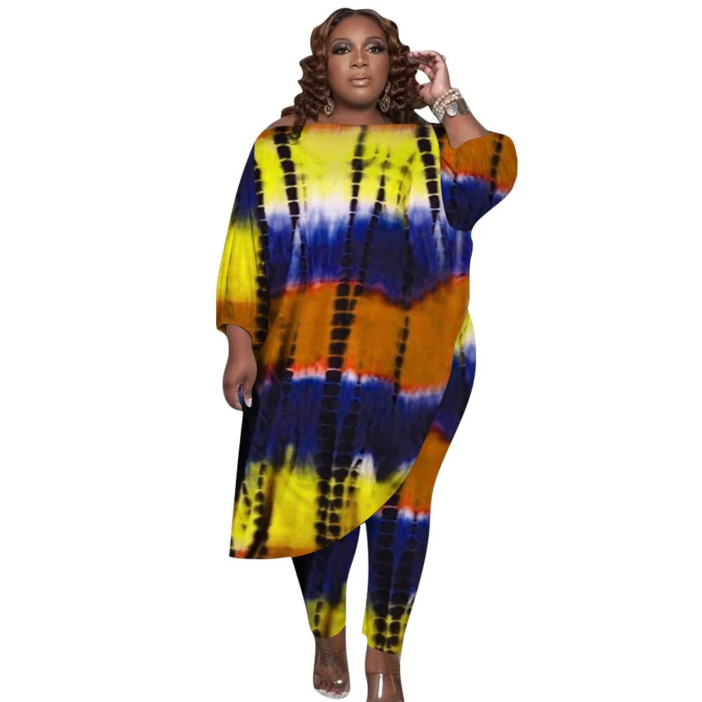 Tie Dye Print Plus Size Loose Oblique Shoulder Irregular Tops Two-Piece Set to 5X