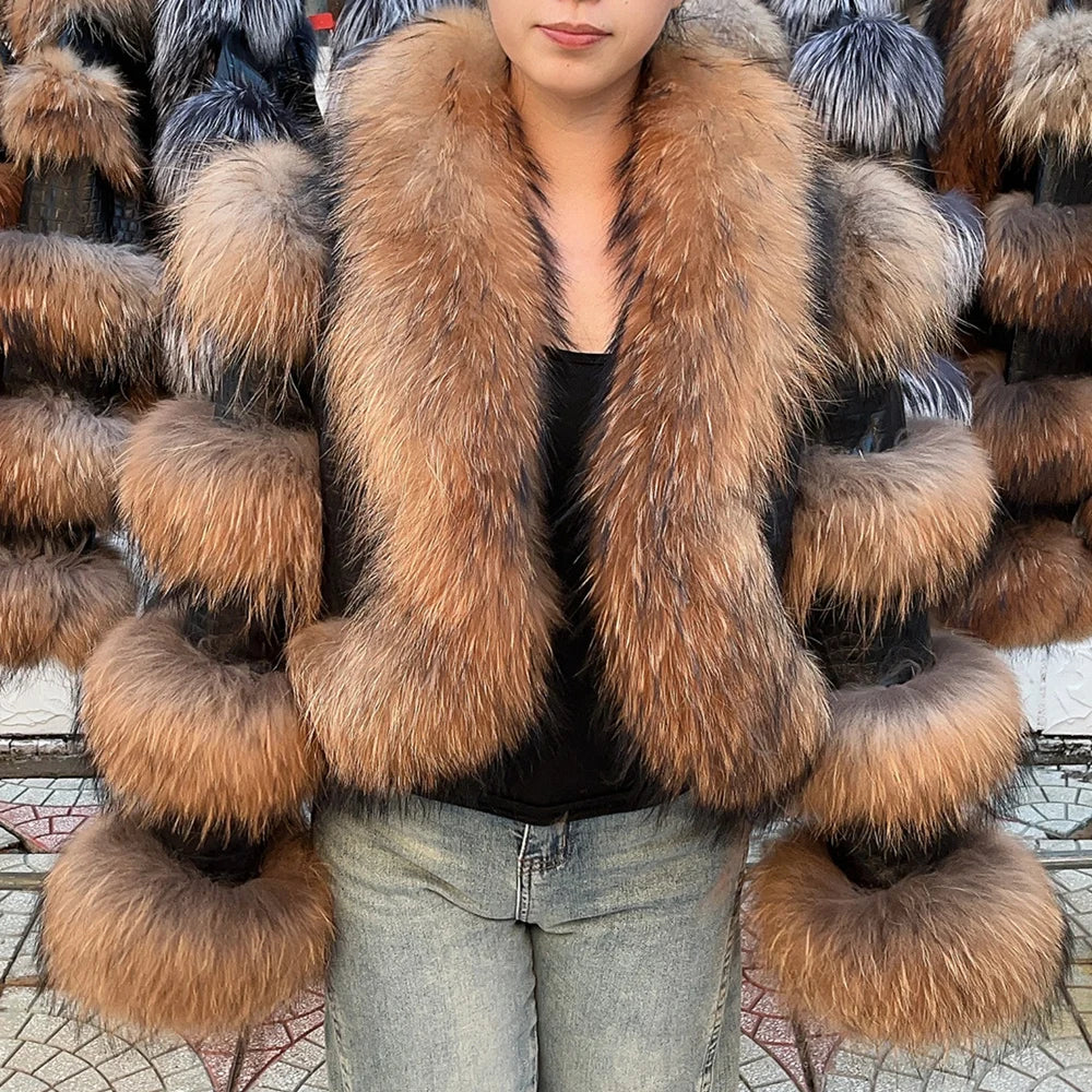 Real Raccoon Fur Hip-Hop Colorblock Design Paneled Women's Streetwear Jacket
