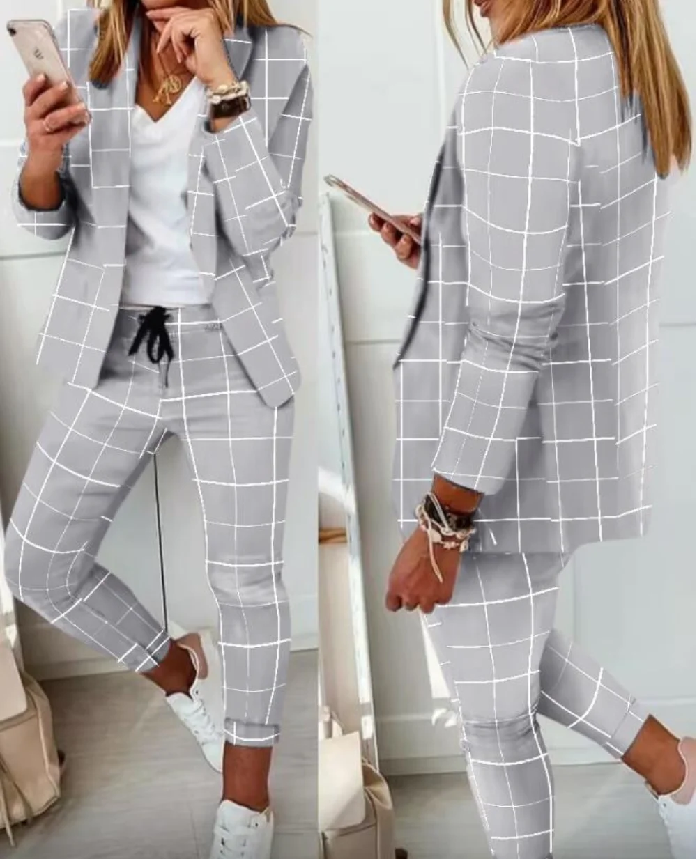 English Plaid Print Blazer Jacket +Matching Ankle Length Pants Women's Suit