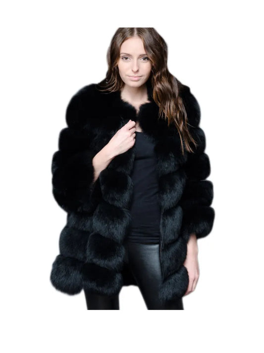 Luxury Ladies Splicing Long Faux Fur Coat