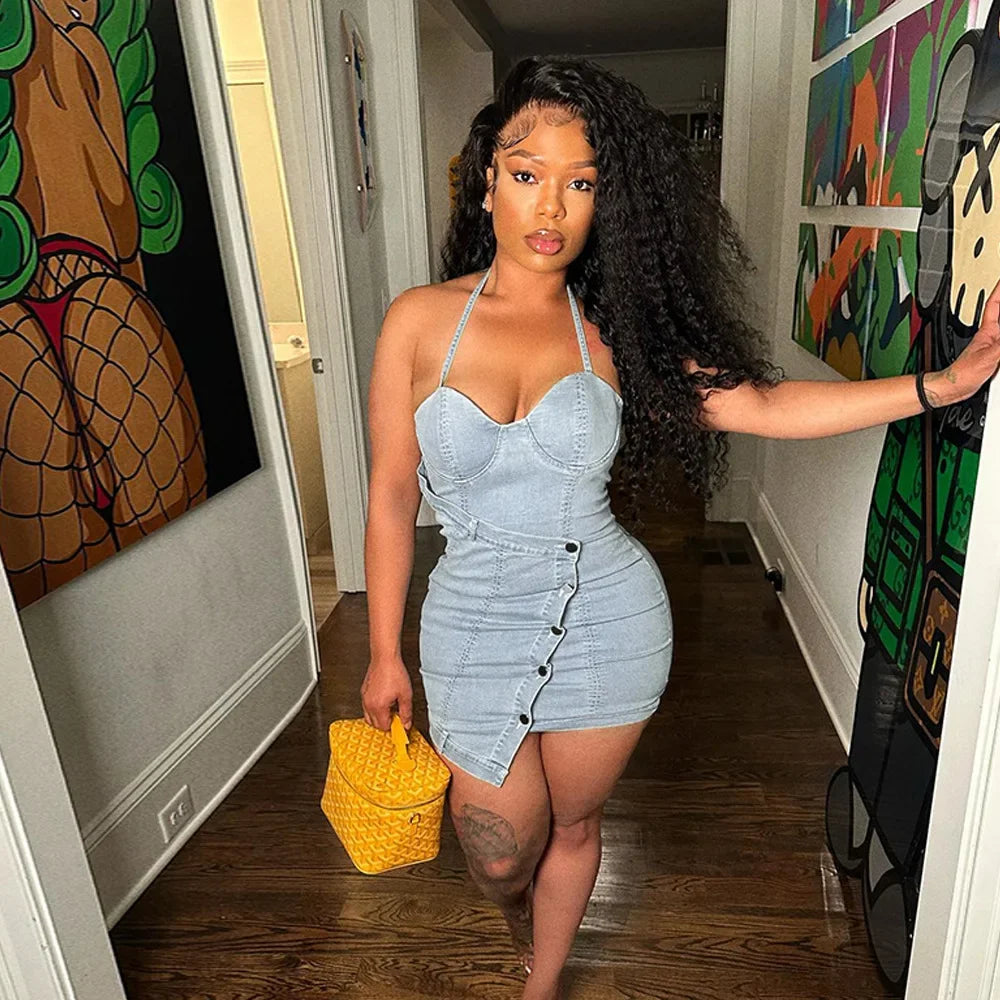 Light Blue Faded Washed Denim Sleeveless Halter Bodycon Mini Jean Dress