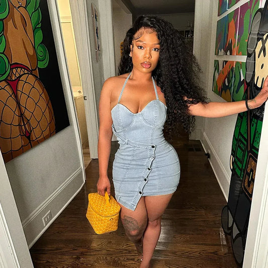 Light Blue Faded Washed Denim Sleeveless Halter Bodycon Mini Jean Dress