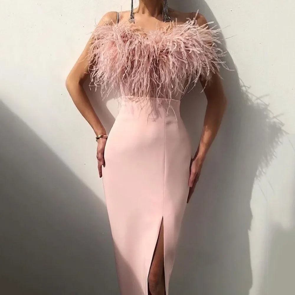 2024 New Cross-border Spring Summer Women's Fashion Tank Feather Dress Elegant Slimming Arm-covering Gown For Banquets