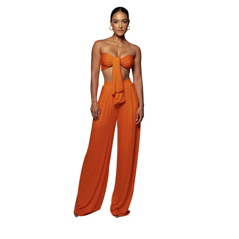 Sleeveless Bowknot Design Tube Top+ Wide Leg Pants Women's Solid Color 2-Piece Set