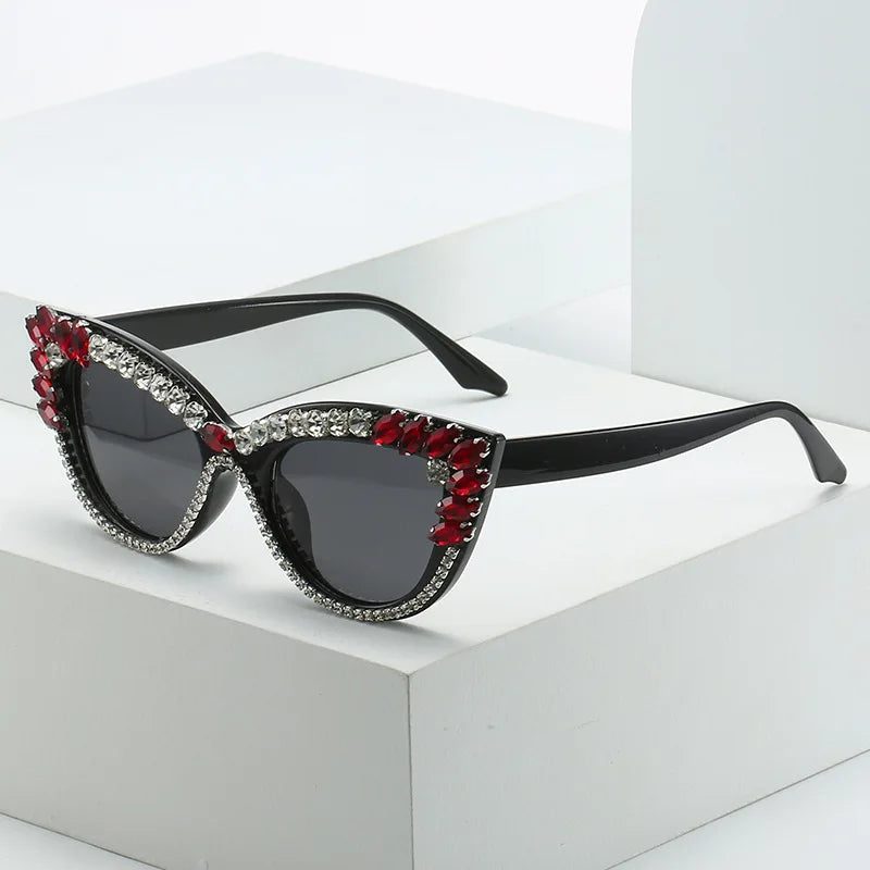 Cat-Eye Embellished Rhinestone Diamond Crystal Baguette Oversized Women's Sunglasses