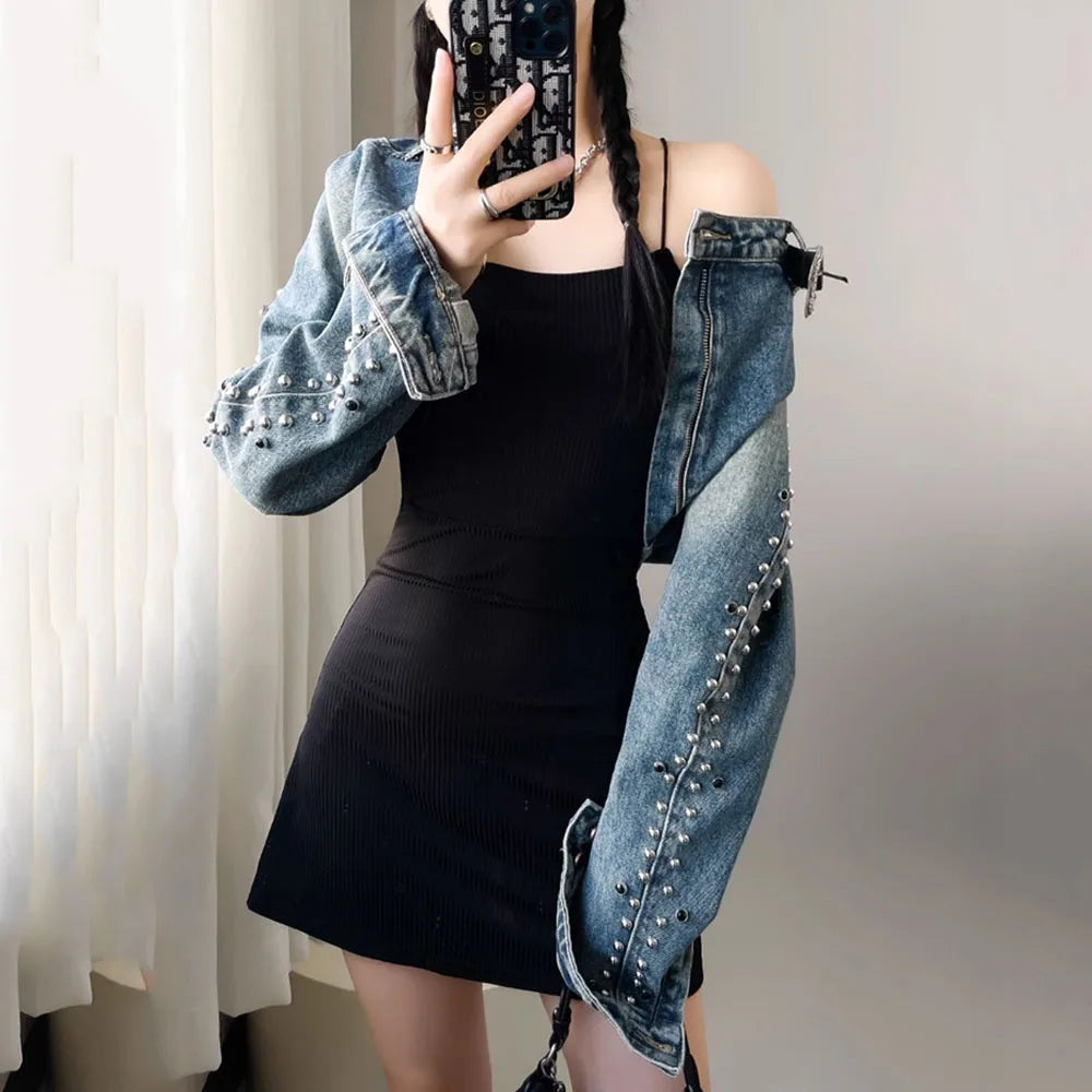 Denim Cropped Pearl Rivet Belt Vintage Women's Western Long Sleeve Cowgirl Rodeo Jean Jacket