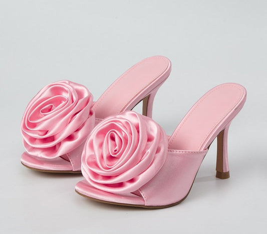 Oversized Silk Rose Design Peep Toe Slip-On Mule High Heel Sandal Pumps