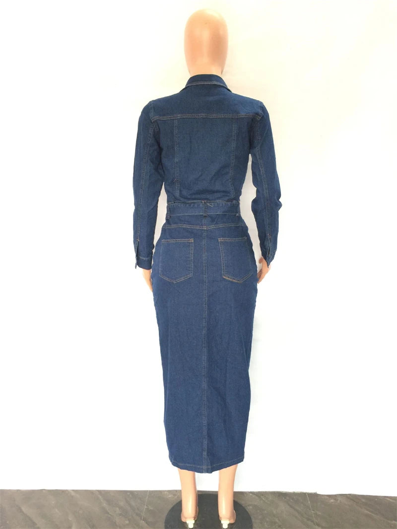 Vintage Denim Long Sleeve Button Up Bodycon Midi Jean Dress