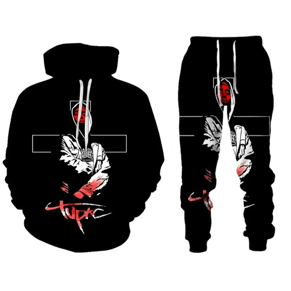Drawstring Men's Unisex Tupac 3D Graphic Print Hoodie Sweatshirt + Jogger Sweatpants Tracksuit