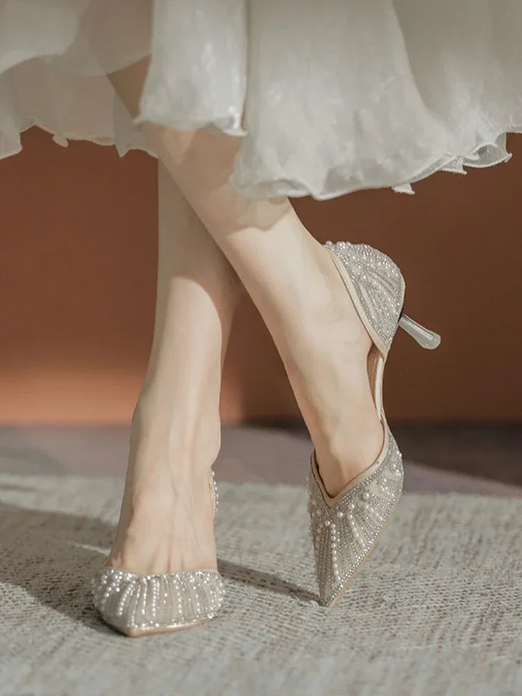 Crystal Pearl Rhinestone High Heel Thin Heels Mary Jane Low Heel Pumps