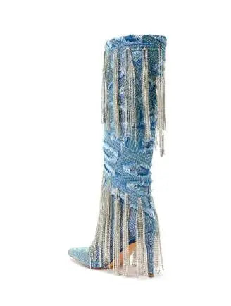 Faded Blue Jean Denim  Rhinestone Tassel Hot Drill Pointed Toe Slip-On Knee High Boots