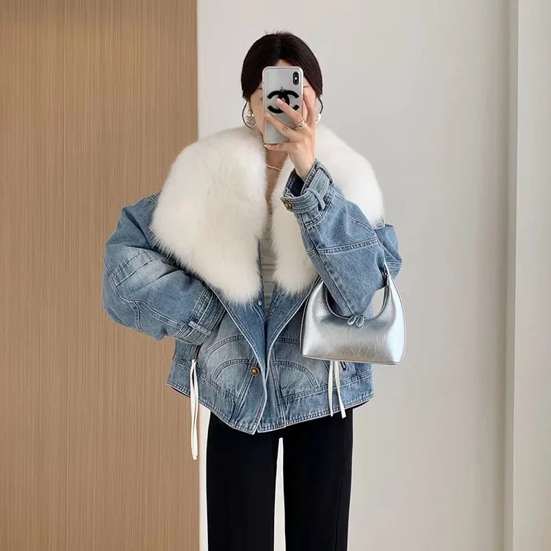 Denim Oversized 100% Real Fox Fur Collar Short Women's Goose Down Puffer Jean Jacket