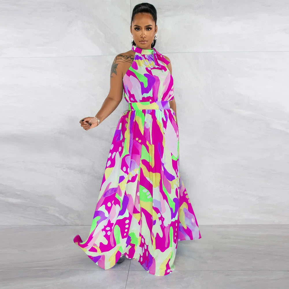 Floral Printed O-Neck Bowtie Sleeveless Floor-Length Dress