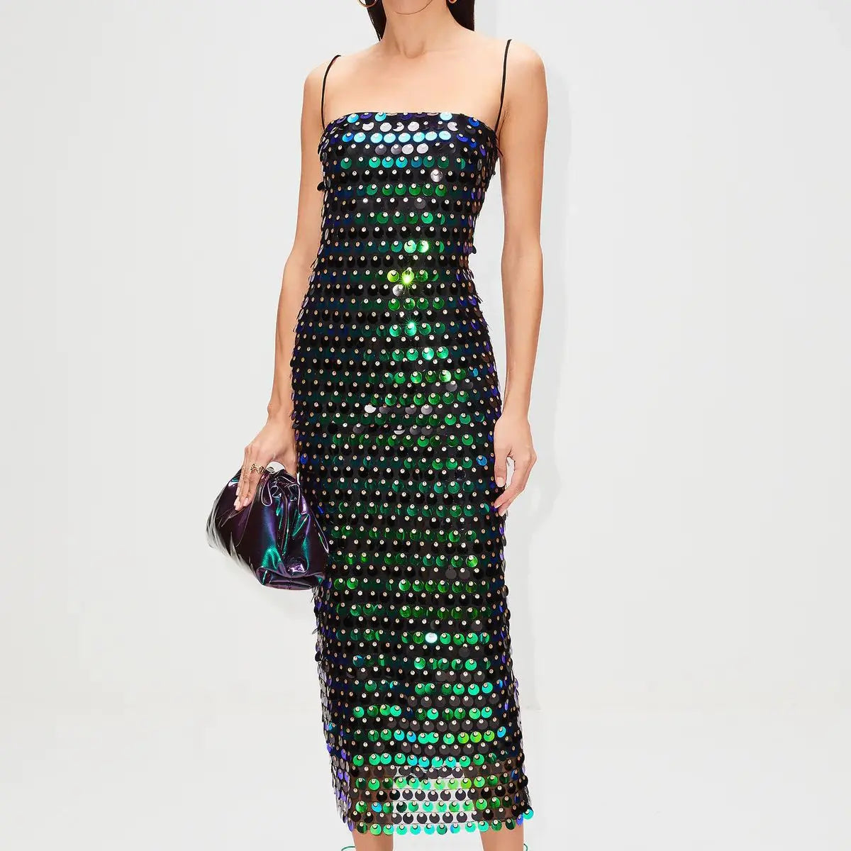 Sparkling Sequin Sleeveless Solid Backless Spaghetti Strap Formal Maxi Party Dress