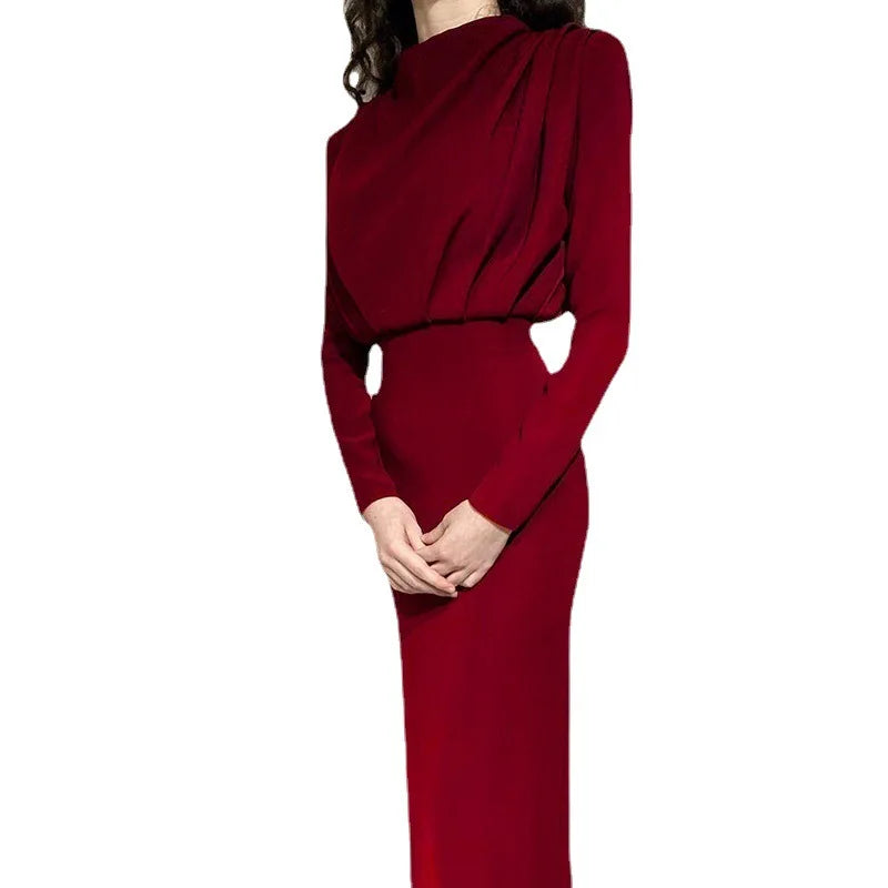 Turtleneck Ruched Solid Color Bodycon Long Sleeve Skinny Maxi Party Dress