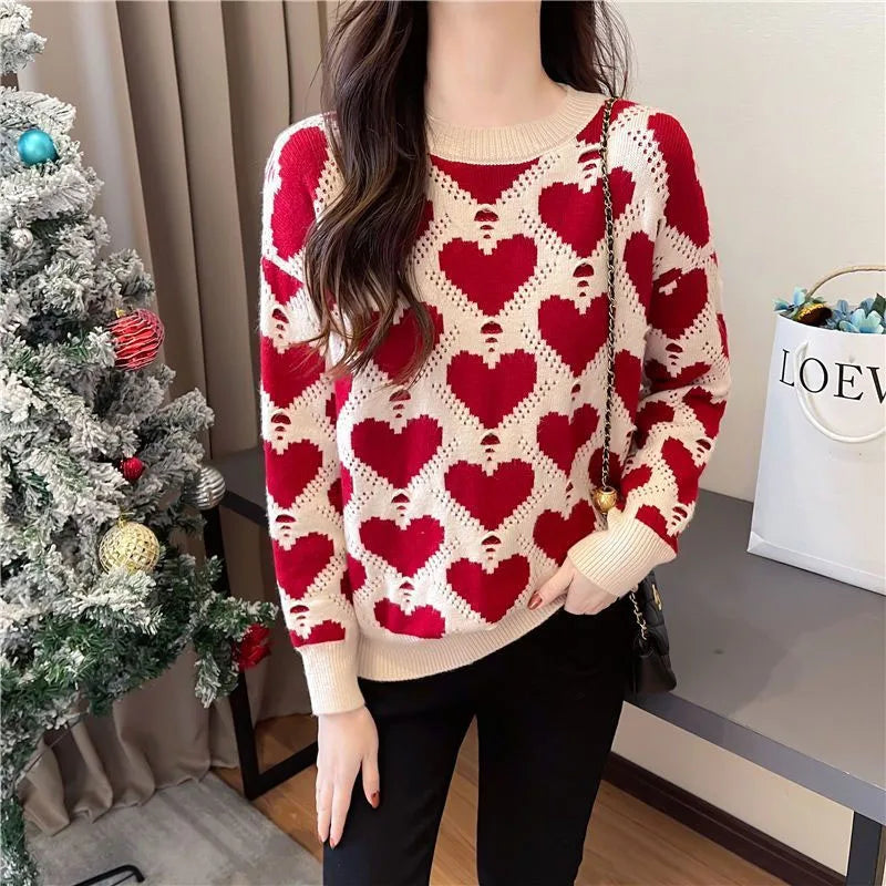 Heart Print Colorblock Jacquard O-Neck Women's Knitted Sweater