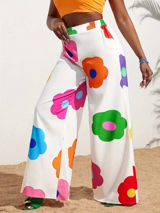 Big Rainbow Flower Print Women's Elastic Waist Wide Leg Pants to 3X Plus Size