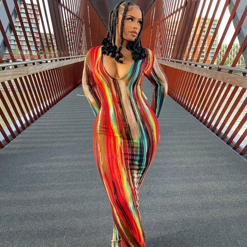 Sleeveless Tube Top Design/Long Sleeve Striped Colorblock Printed Bandage Skinny Maxi Dress