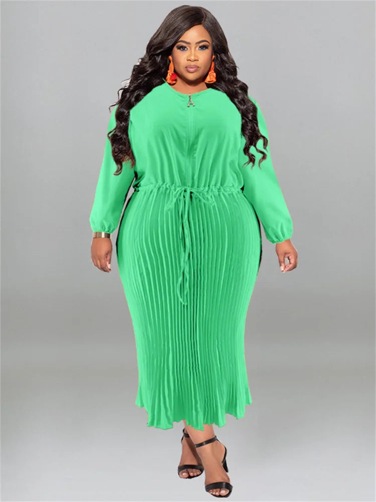 Pleated O-Neck Solid Color High Waist Bandage Long Sleeve Maxi Dress to 5X