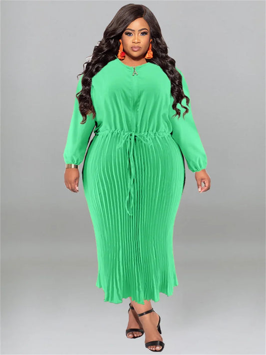 Pleated O-Neck Solid Color High Waist Bandage Long Sleeve Maxi Dress to 5X