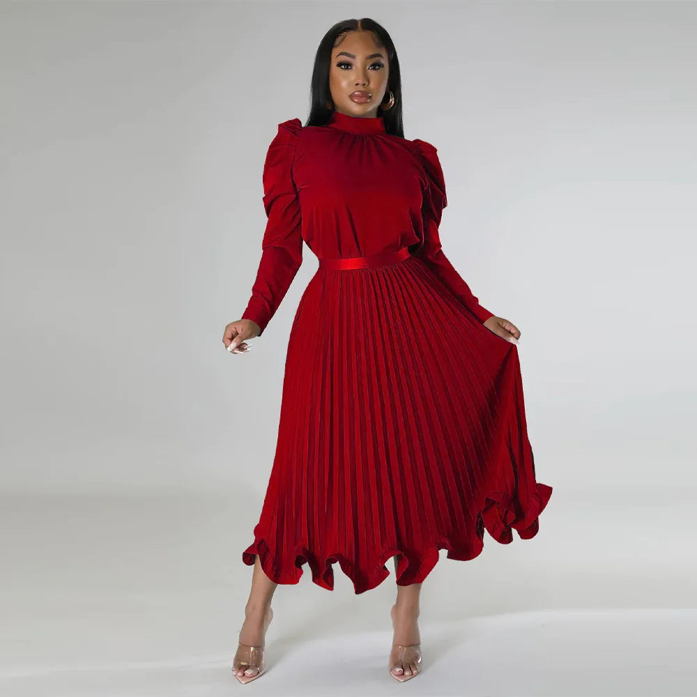 Women’s Solid Color O-Neck Lantern Sleeve Blouse + A-Line Flounce Formal Pleated Maxi Skirt w/ Sash Belt 2-Piece Set