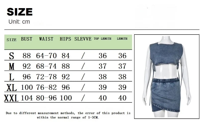 Strapless Washed Denim Hollow-Out Lace-Up Tank Top + Mini Elastic Waist Stretch Skirt 2-Piece Set