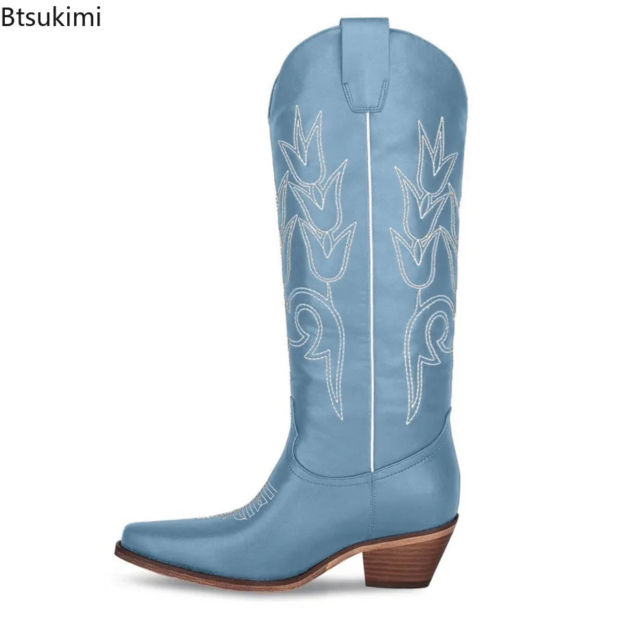 Embroidered Western Knee-High Women's Size Zipper Cowgirl Chunky Heel Platform Boots