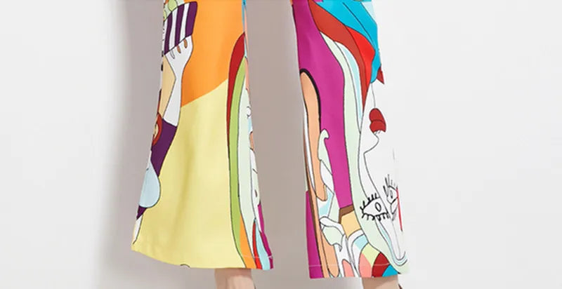 Colorblock Cartoon Print Trouser Suit Notched Blazer Jacket + Matching Flared Pants Ladies Suit