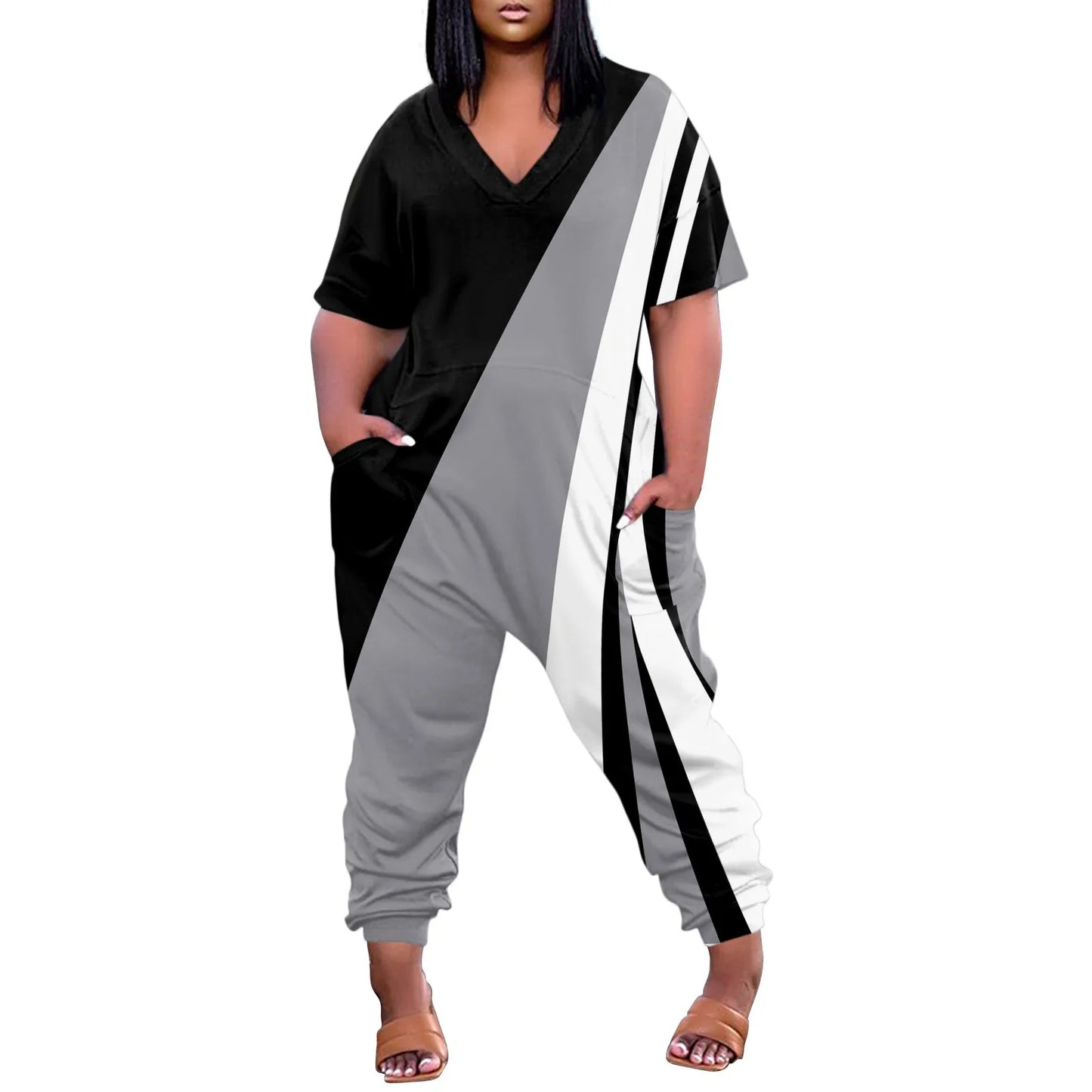 Cargo Pocket Colorblock Striped/Geometric Printed Women's V-Neck Short Sleeve Zipper Overall Wide Leg Jumpsuit